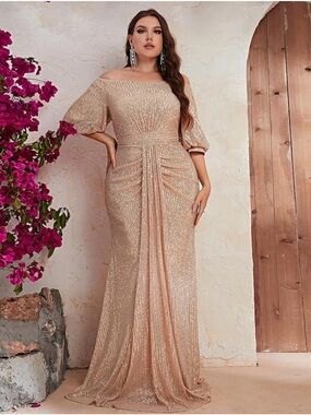 Off-Shoulder Sequin Gown in Champagne Blush NWT